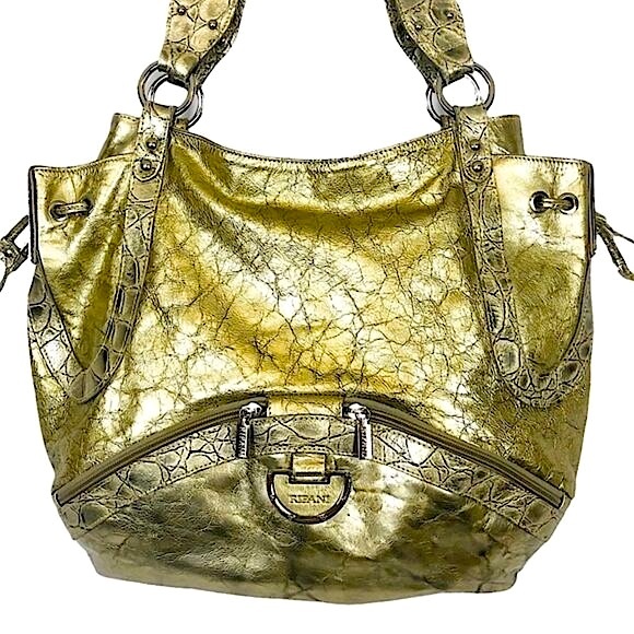 RIPANI Metallic Soft Gold Reptile Embossed Italian Patent Leather Zipper Tote - Picture 2 of 11